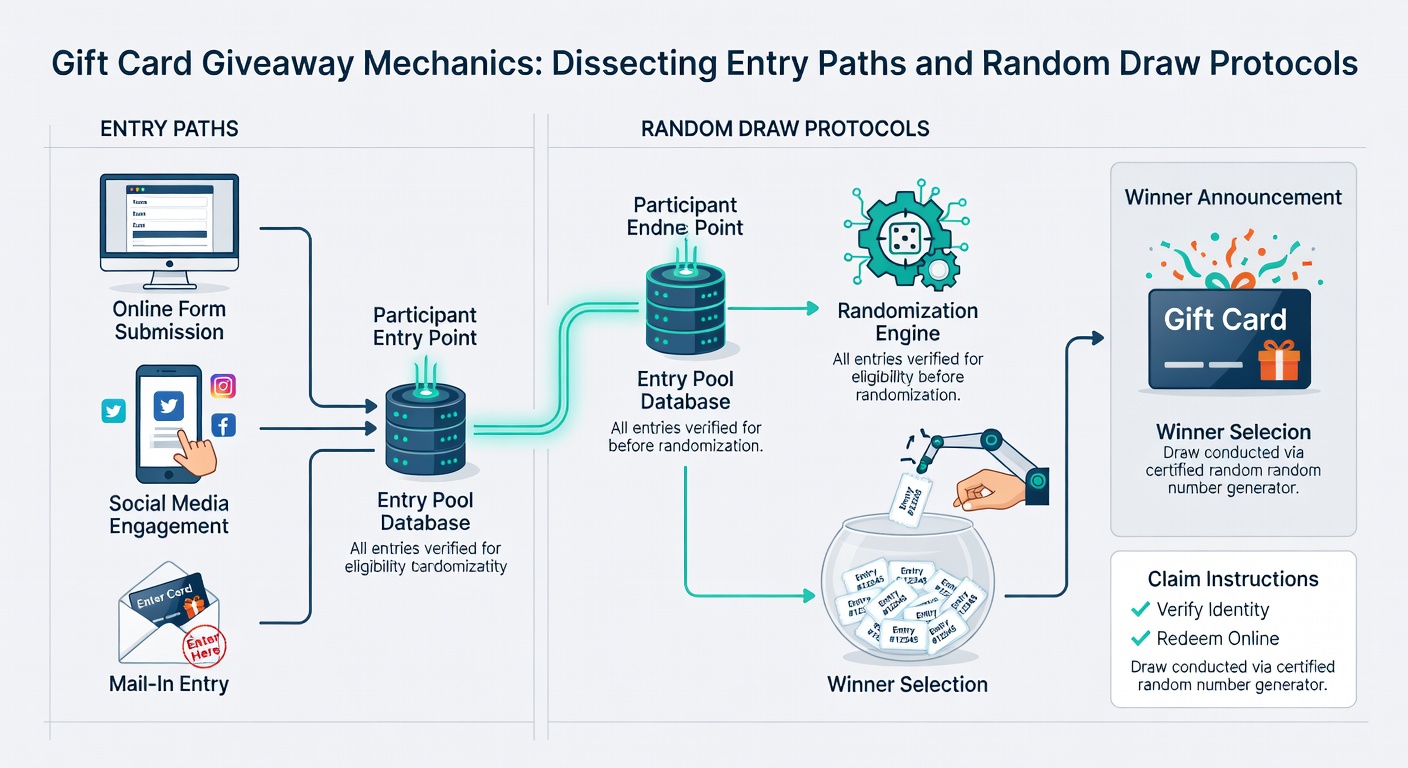 Close-up diagram of random number generator protocols in action during a gift card draw process