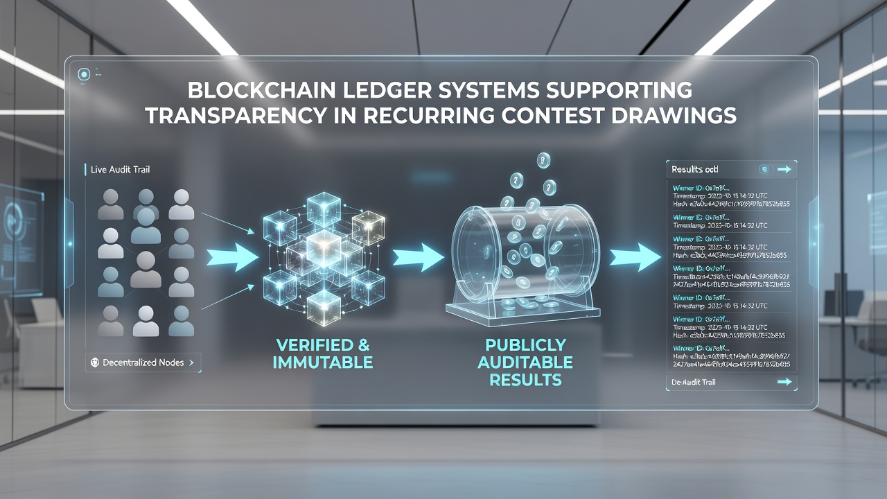 Distributed node network illustrating real-time validation of contest draw results