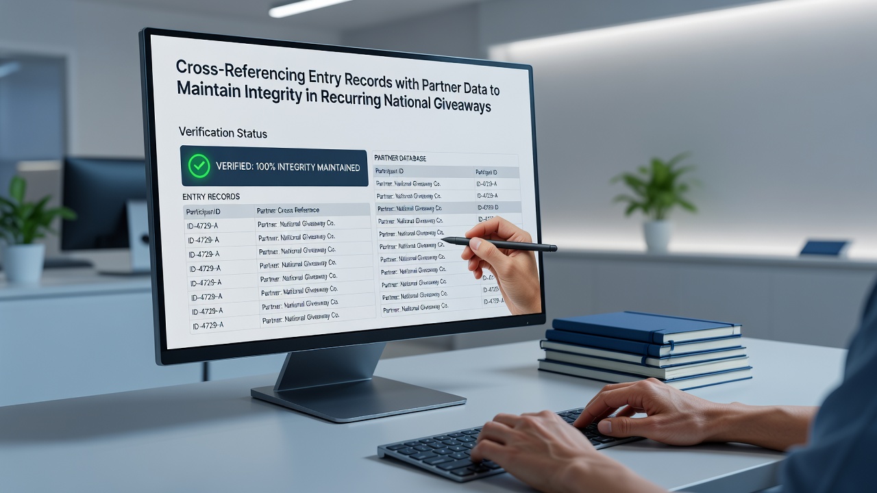 Cross-referencing systems comparing entry logs with partner databases during a national giveaway verification process