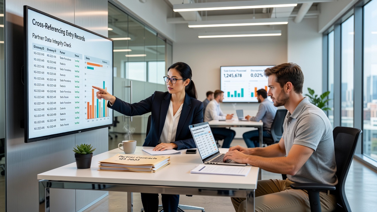 Analyst reviewing cross-referenced entry reports from partner integrations in a recurring giveaway operation