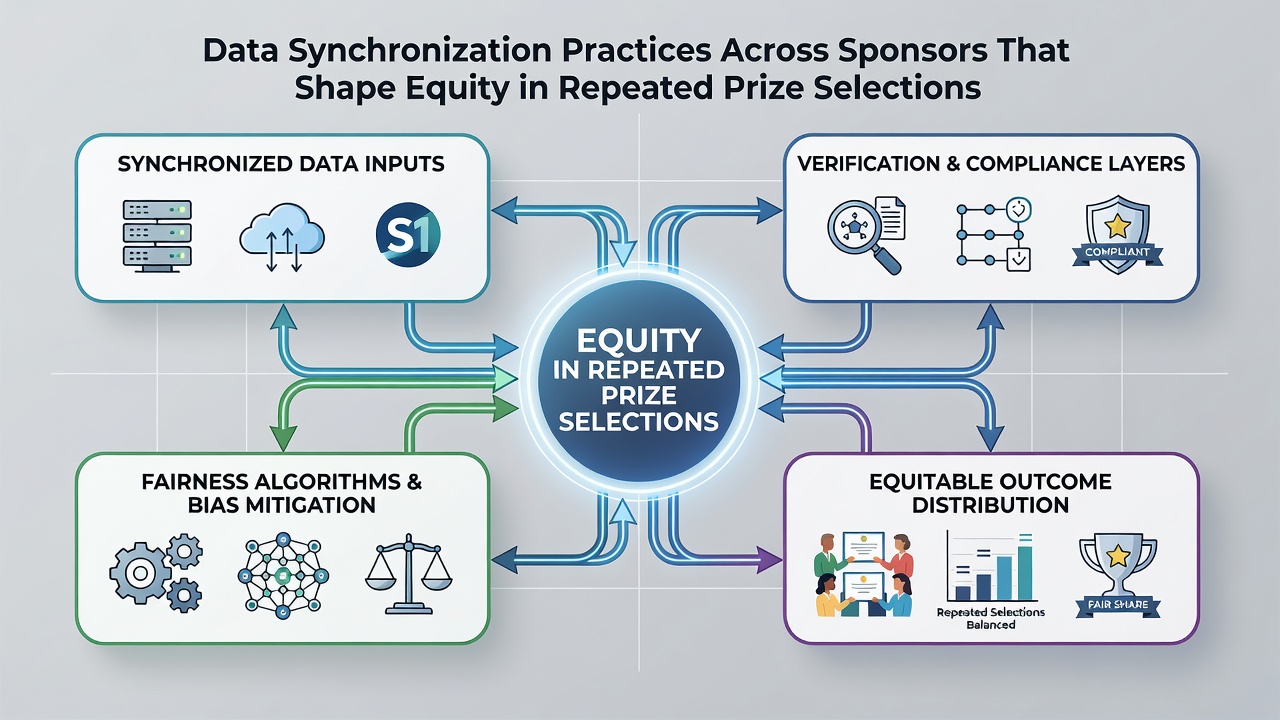 Illustration of cross-sponsor data flow with encrypted channels connecting entry points to a central selection engine for recurring promotions