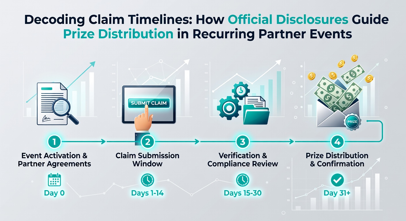 Timeline graphic showing prize claim deadlines and official disclosure checkpoints in recurring partner sweepstakes events