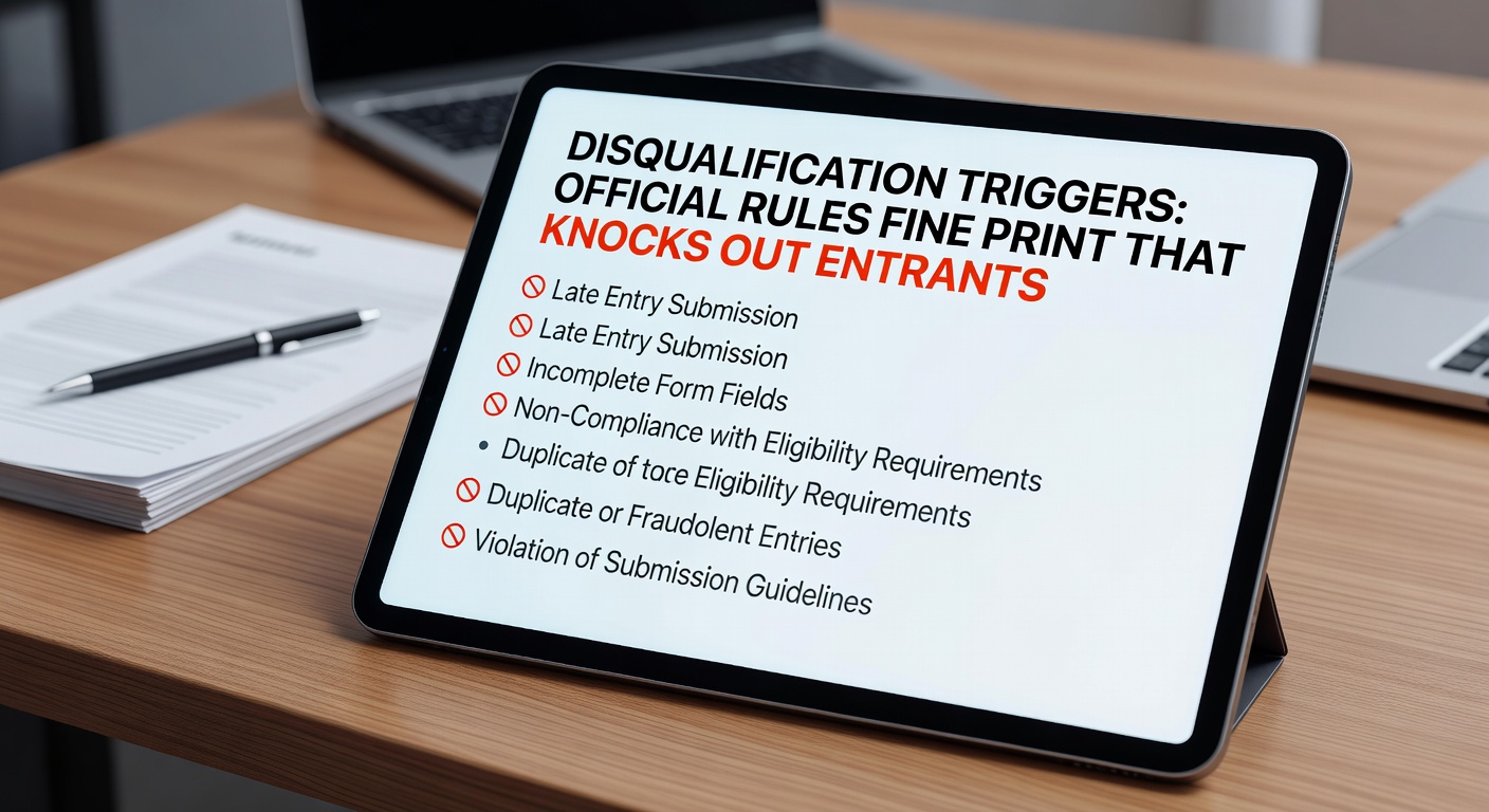 Infographic breaking down top five disqualification reasons in sweepstakes with pie chart and rule excerpts