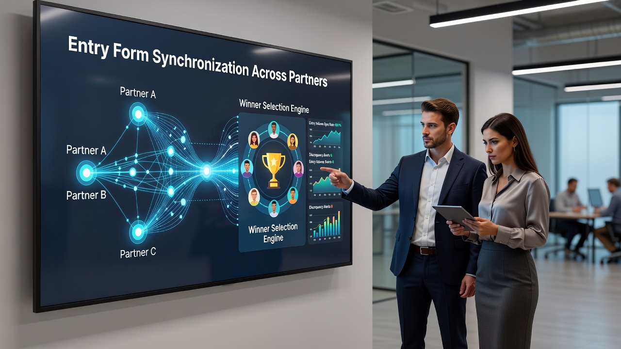 Illustration of synchronized digital entry forms connecting multiple promotion partners in a shared database system
