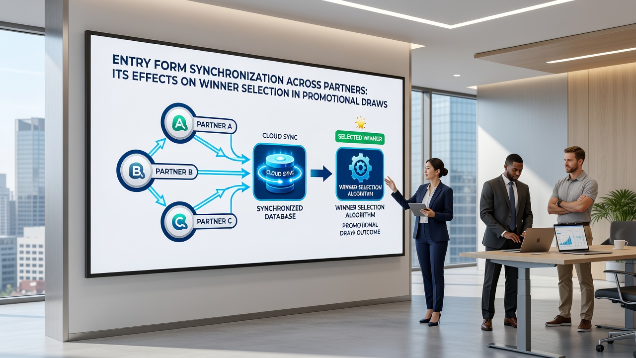 Diagram showing data flow between partner platforms and a central selection engine used in promotional draws