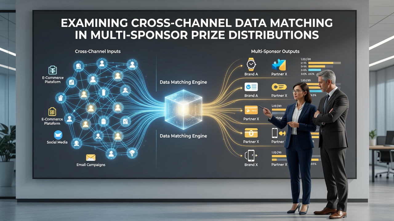 Data analysts reviewing cross-channel entry logs for multi-sponsor prize distributions