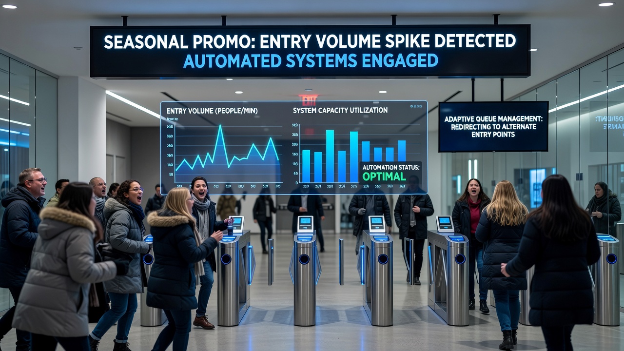 Automated entry management dashboard showing real-time volume spikes during a seasonal promotion