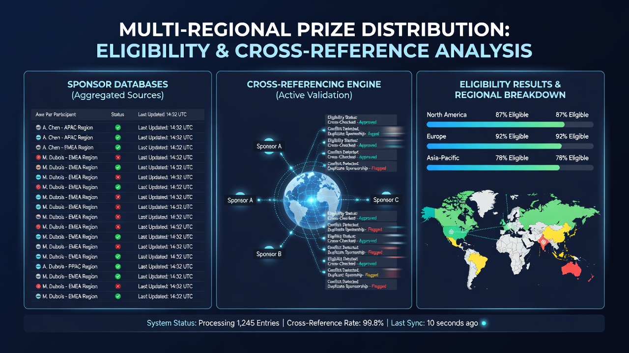 Flowchart showing multi-regional prize distribution eligibility checks