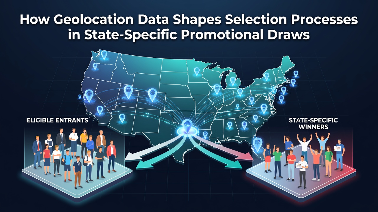 Geolocation data mapping participant locations for state-specific promotional draws