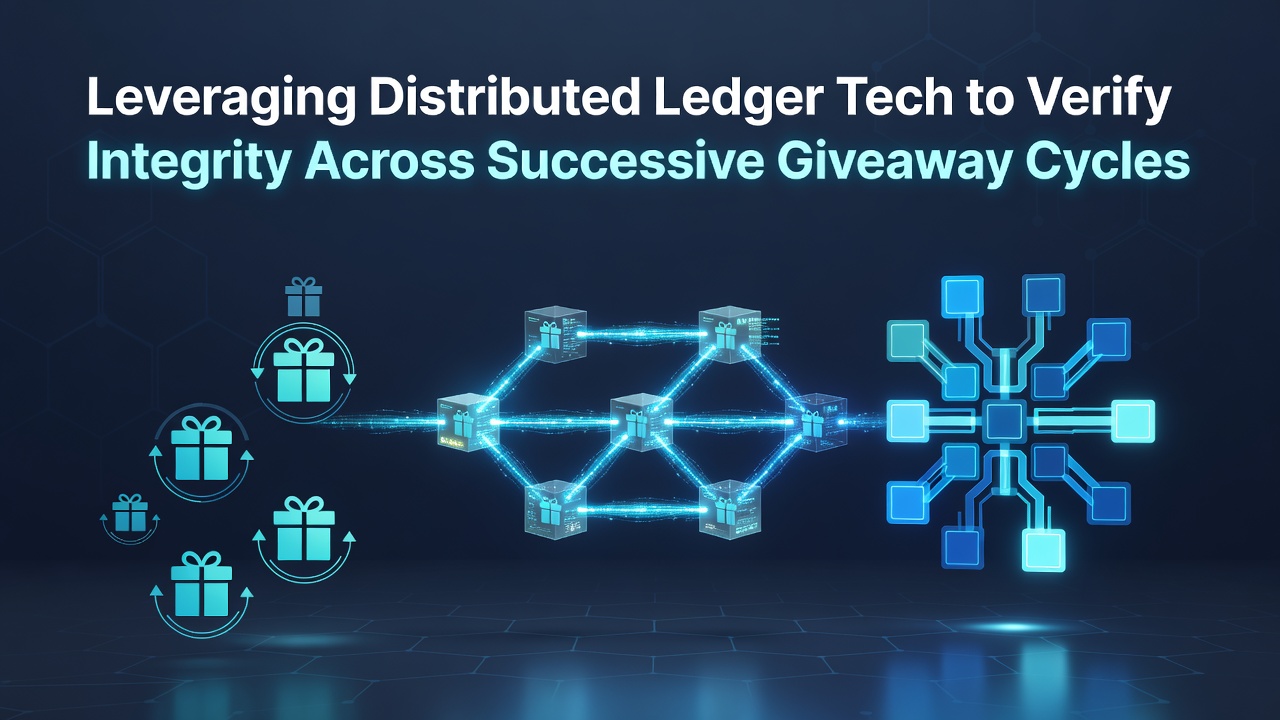 Illustration of distributed ledger nodes verifying entry records in a promotional giveaway system