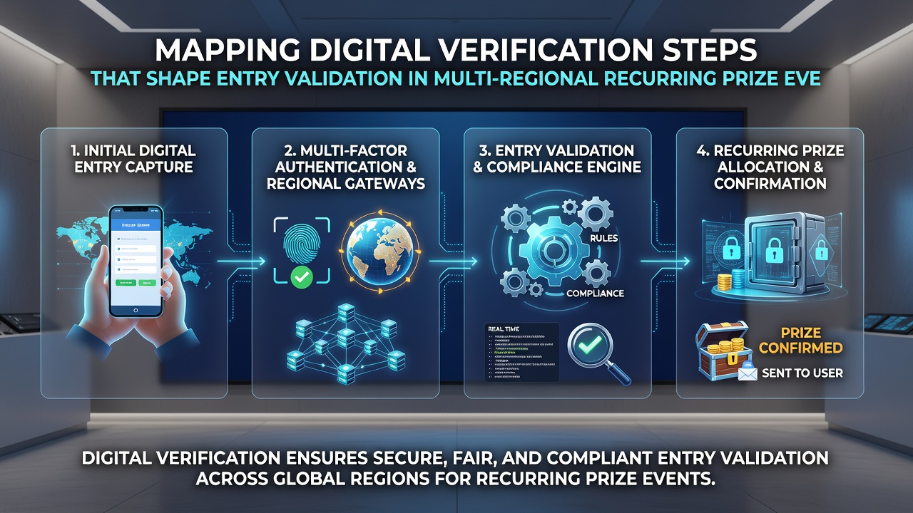 Flowchart illustrating digital verification steps and regional compliance in recurring prize events