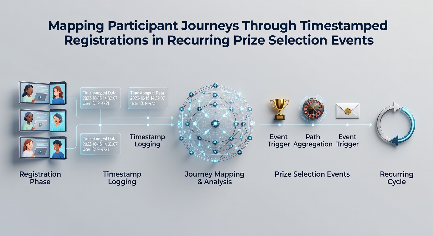 Diagram showing participant journey mapping with timestamped registration points across multiple prize selection cycles