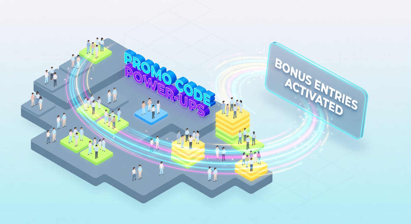 Digital graphic showing a promo code unlocking extra entry tickets in a vibrant giveaway contest, with entries multiplying like power-ups in a game