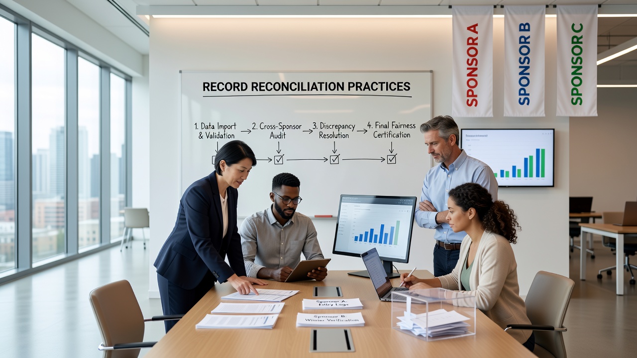 Team reviewing reconciled entry logs during a multi-sponsor giveaway audit process