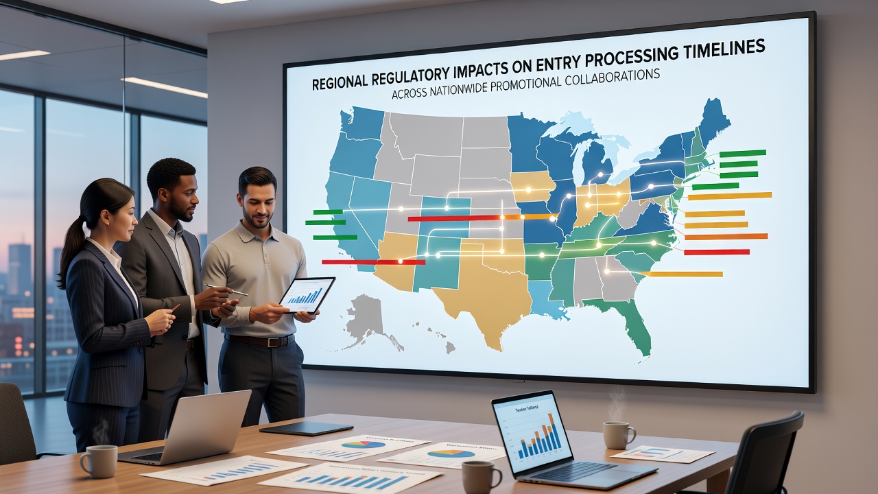 Flowchart showing how different state regulations alter the sequence of entry validation steps in collaborative promotions
