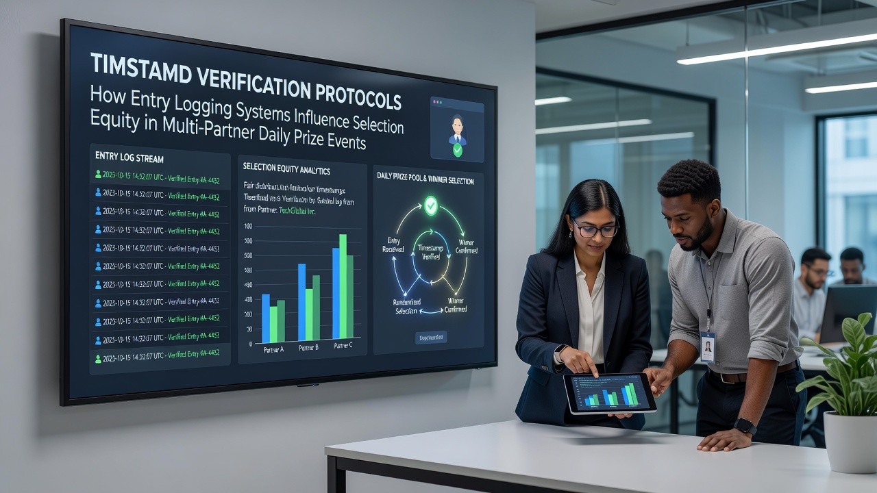 Illustration of timestamp verification protocols tracking entries across multiple partner platforms in daily prize events