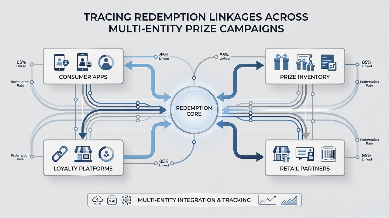 Flowchart illustrating data integration steps between partner systems during prize redemption verification