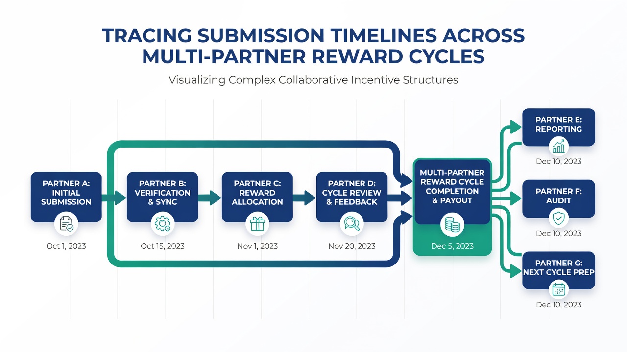 Flowchart illustrating connected entry timelines between several reward partners